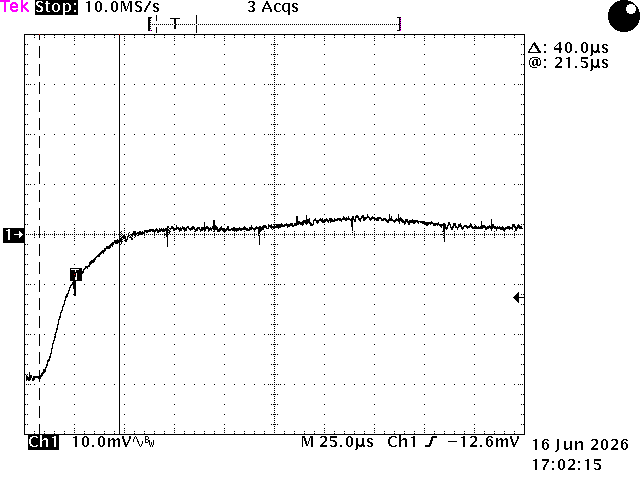 Output transient, 1.5 A to 0.1 A load step: output recovers upward within approximately 40 µs
