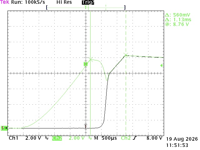 Power-on ramp at the 9 V setting, showing output capacitor charging once the input reaches 8.76 V