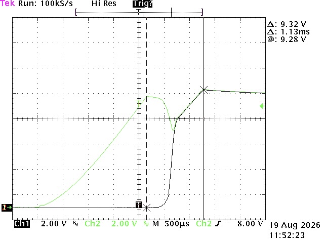 Power-on ramp at the 9 V setting, same capture, cursors repositioned to show slight output overshoot