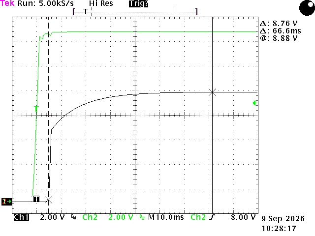 Power-on ramp with the upgrade fitted, cursors measuring 66.6 ms from the start of the output rise to the settled value