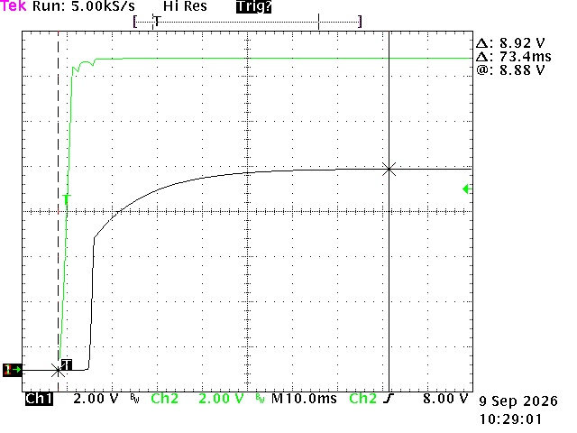 Power-on ramp with the upgrade fitted, cursors measuring 73.4 ms from the input being applied to the settled output
