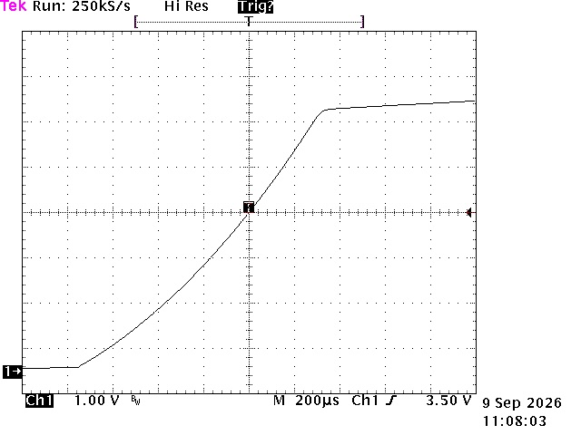 Further detail of the output voltage rise at 200 µs per division, showing a smooth and controlled ramp